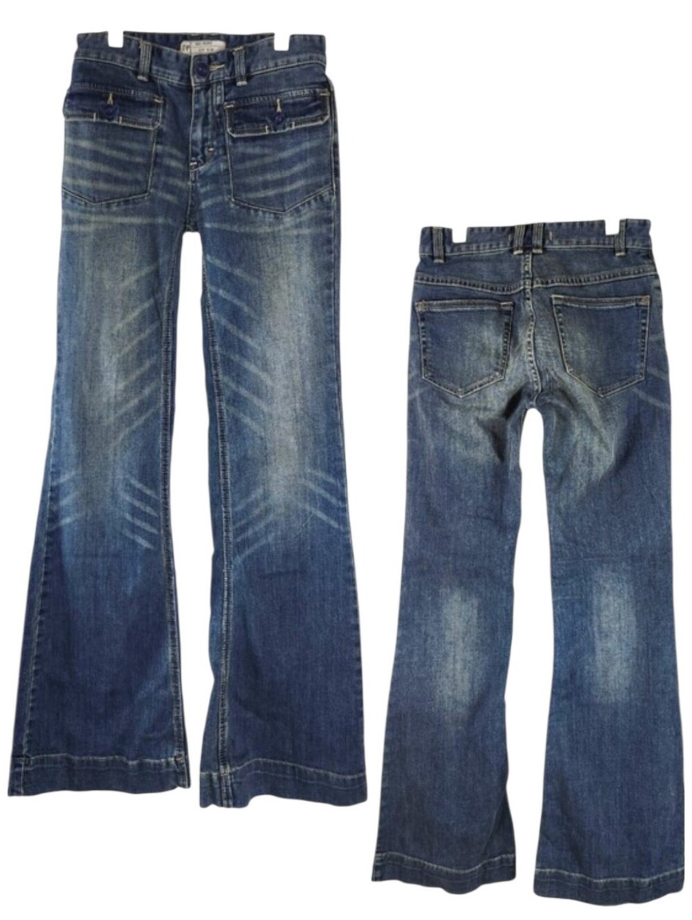 Free People Womens Distressed Wide Cuff Stretch Denim Flare Leg Jeans Indigo 24